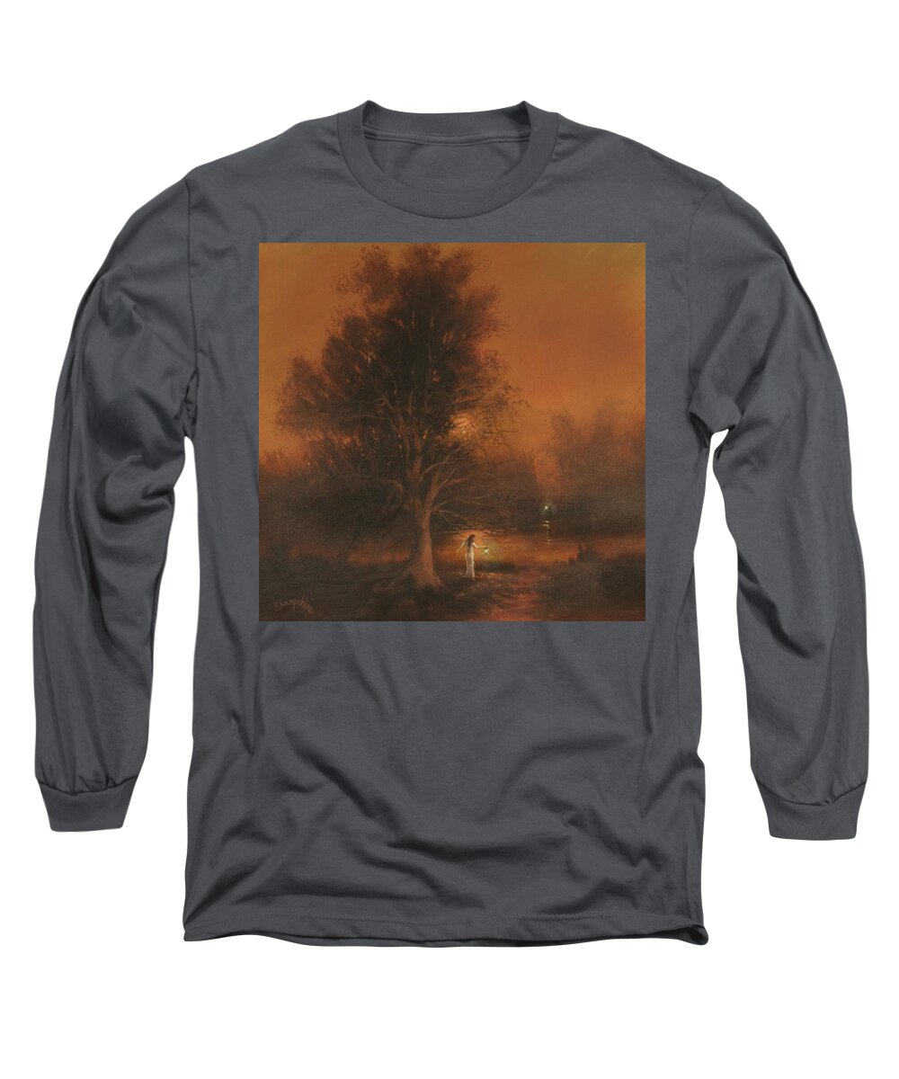 Twilight; Moody Landscape; Woman With Lantern; Tom Shropshire Painting; Atmospheric Landscape Long Sleeve T-Shirt featuring the painting Assignation by Tom Shropshire