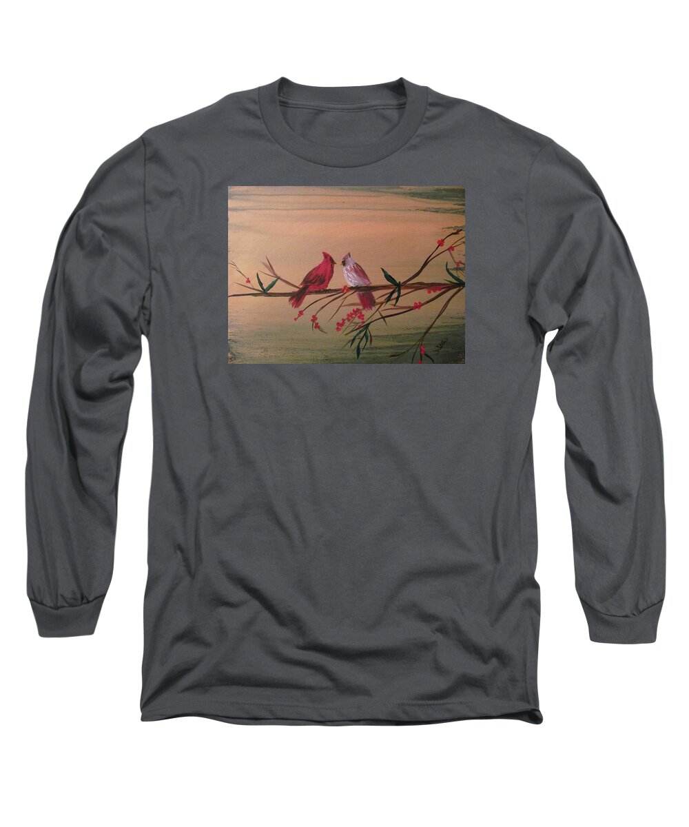 Red Cardinal Long Sleeve T-Shirt featuring the painting At Last by Susan Voidets