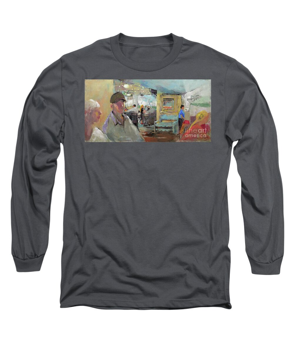 Oil Long Sleeve T-Shirt featuring the painting At the Restaurant by Becky Kim
