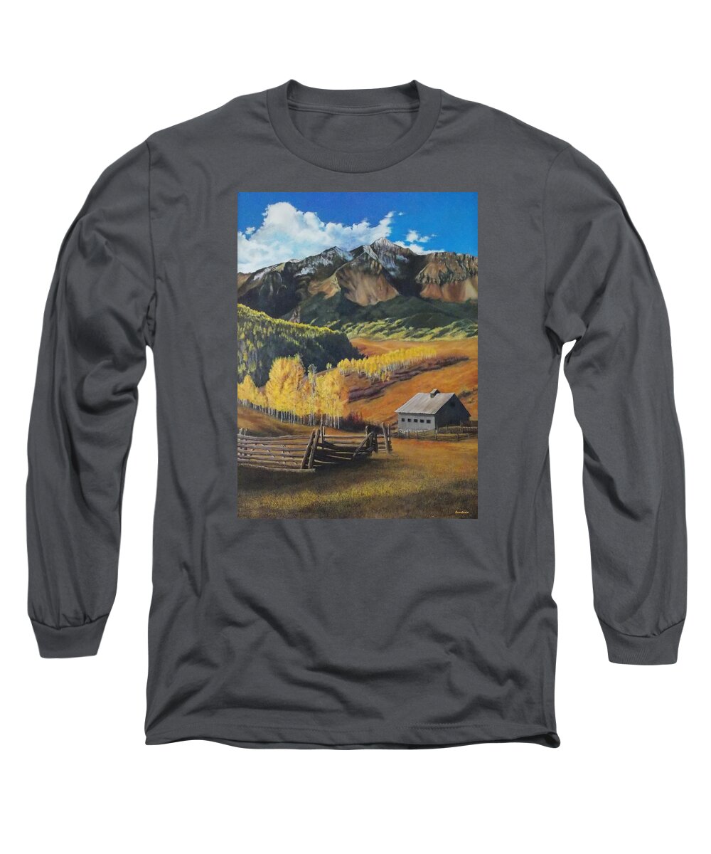 Colorado Long Sleeve T-Shirt featuring the painting Autumn Nostalgia Wilson Peak Colorado by Anastasia Savage Ealy