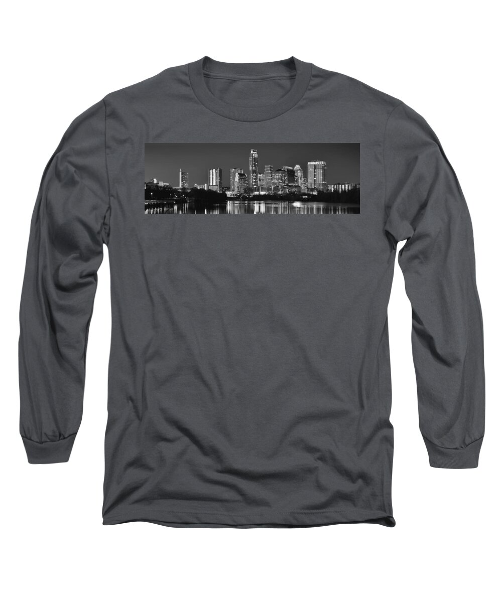 Austin Skyline Long Sleeve T-Shirt featuring the photograph Austin Skyline at Night Black and White BW Panorama Texas by Jon Holiday
