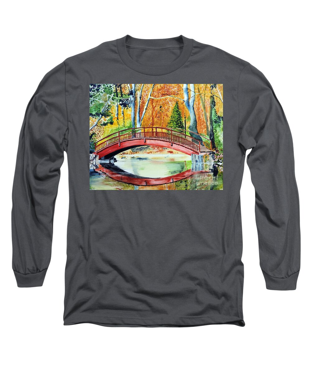 Bridge Long Sleeve T-Shirt featuring the painting Autumn Beauty by Tom Riggs