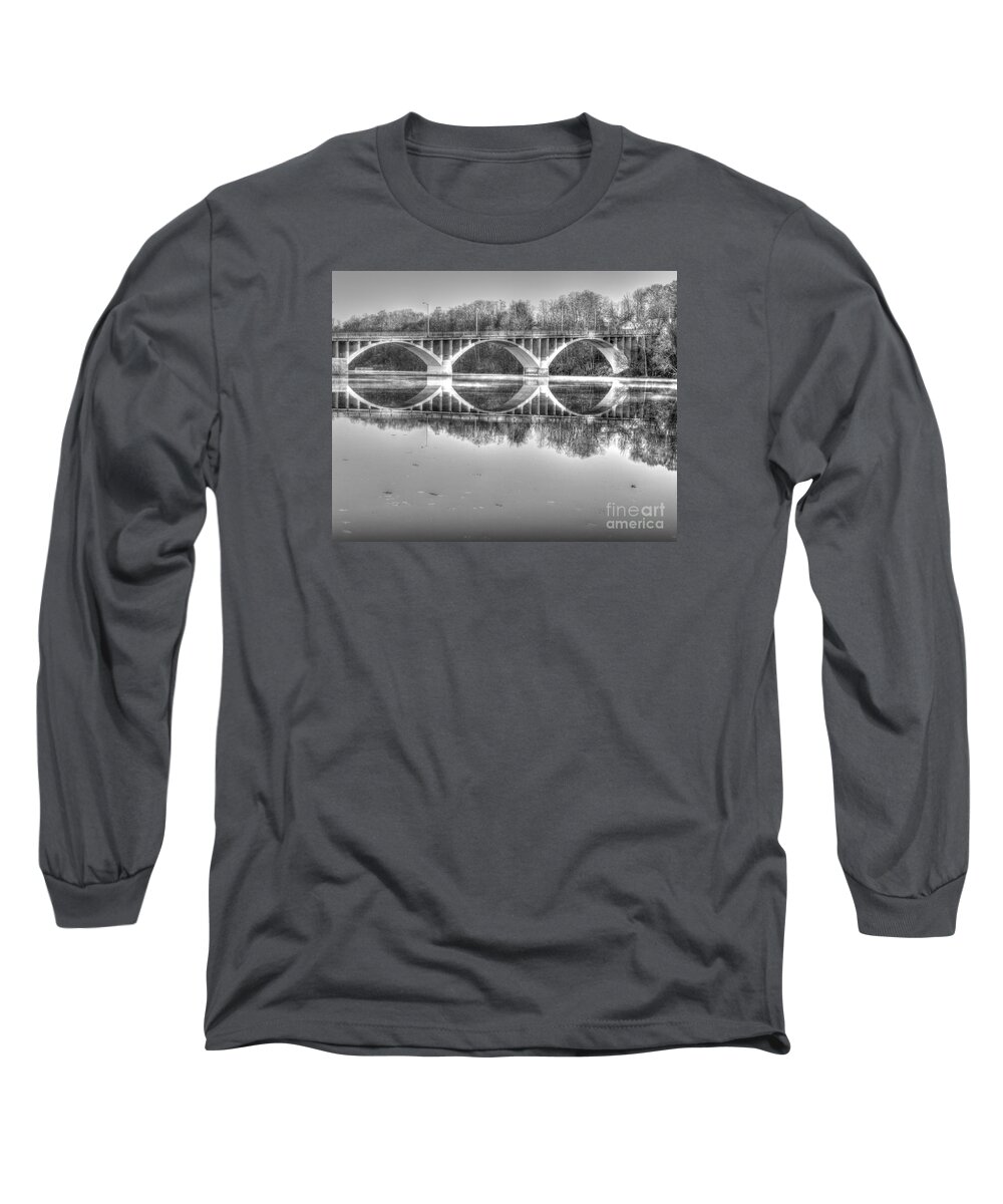 B&w Long Sleeve T-Shirt featuring the photograph Autumn Bridge Reflections in Black and White by Rod Best
