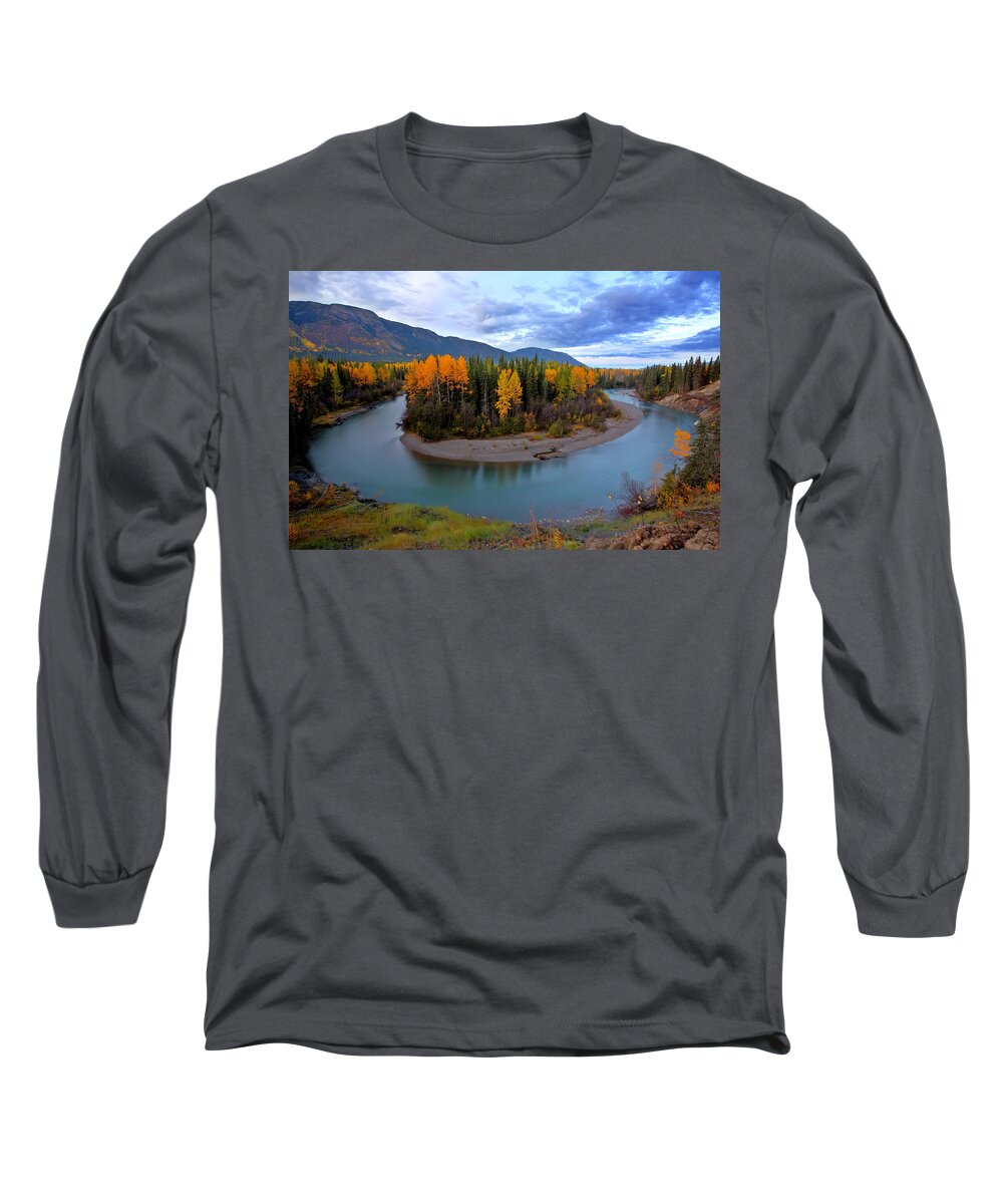 River Long Sleeve T-Shirt featuring the digital art Autumn colors along Tanzilla River in Northern British Columbia by Mark Duffy