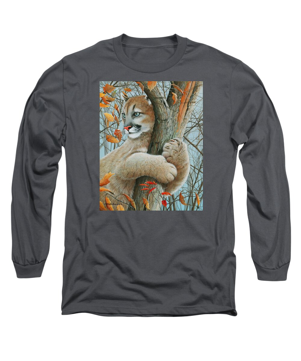 Cougar Kitten Long Sleeve T-Shirt featuring the painting Autumn Dew by Mike Brown