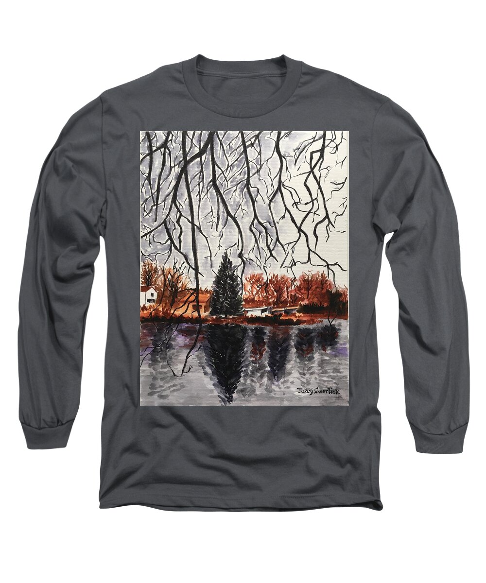 Landscape Long Sleeve T-Shirt featuring the painting Autumn in Upstate by Judy Swerlick