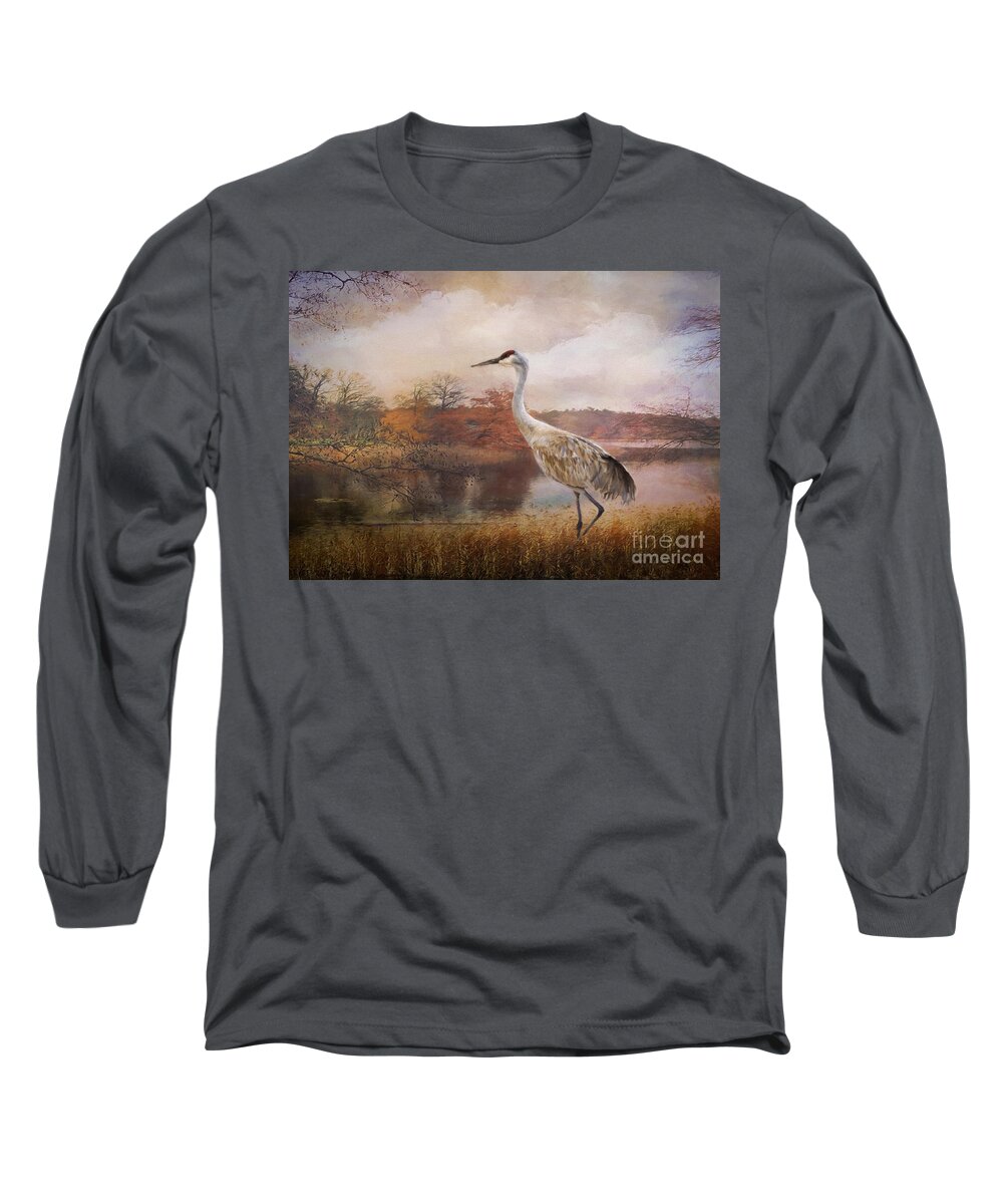 Crane Long Sleeve T-Shirt featuring the painting Autumn Lake Crane by Janice Pariza
