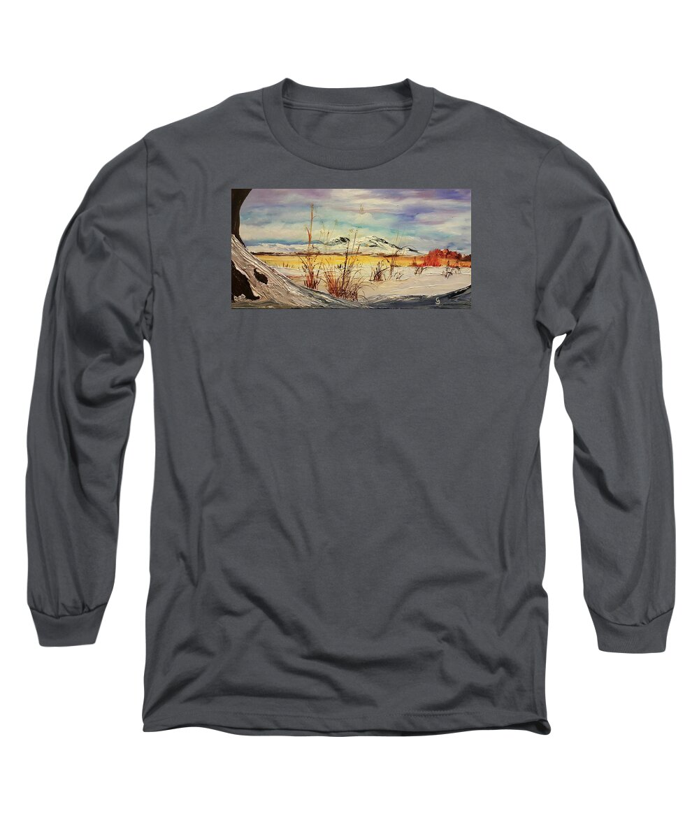 Awinterwalk Long Sleeve T-Shirt featuring the painting AWinter Walk in Montana by Cheryl Nancy Ann Gordon