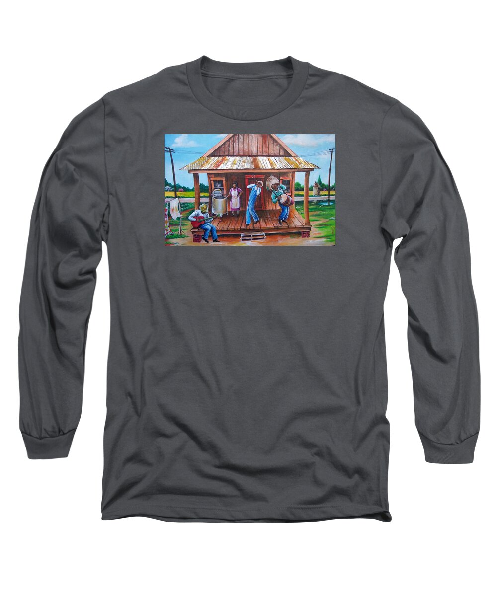 Country Long Sleeve T-Shirt featuring the painting Back Porch Jamming by Arthur Covington