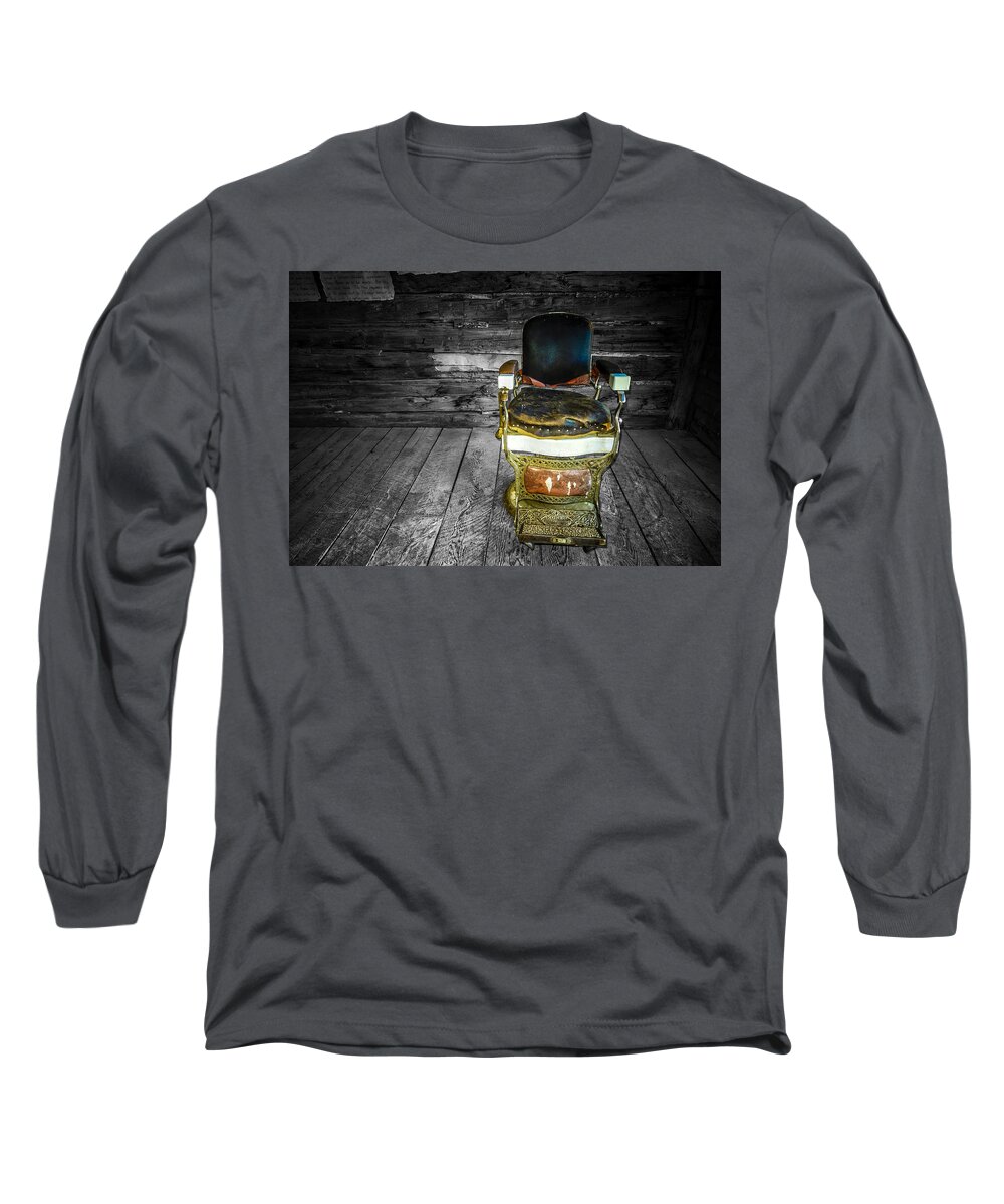 Selective Color Long Sleeve T-Shirt featuring the photograph Ghost Town Barber Chair No. 1 by Sandra Selle Rodriguez