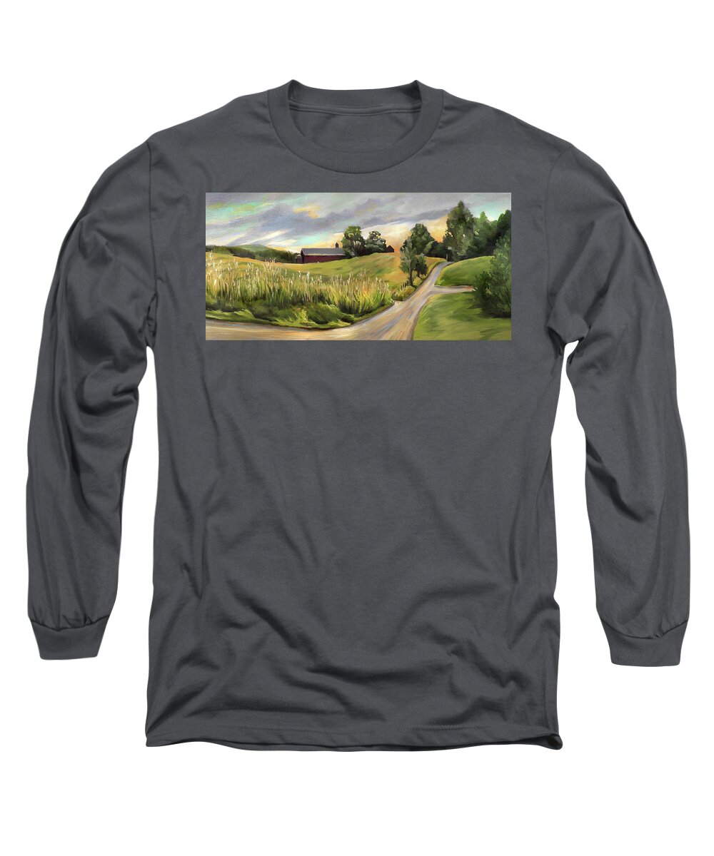 West Newbury Vermont Long Sleeve T-Shirt featuring the painting Barn on the Ridge in West Newbury Vermont by Nancy Griswold