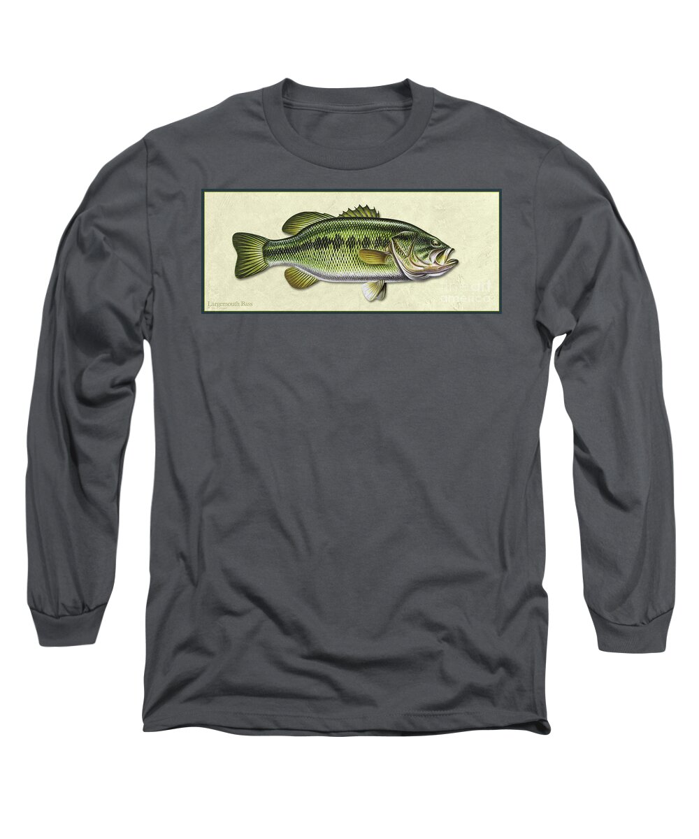 Jon Q Wright Bass Largemouth Bass Freshwater Gamefish Fishing Print Poster Tackle Lake Fish Id Long Sleeve T-Shirt featuring the painting Bass ID by Jon Q Wright