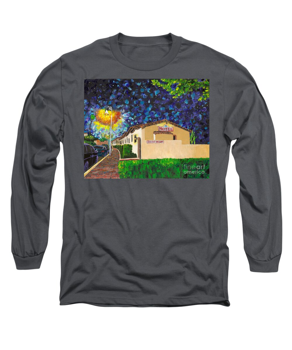 San Clemente Long Sleeve T-Shirt featuring the painting Beachcomber Motel by Mary Scott