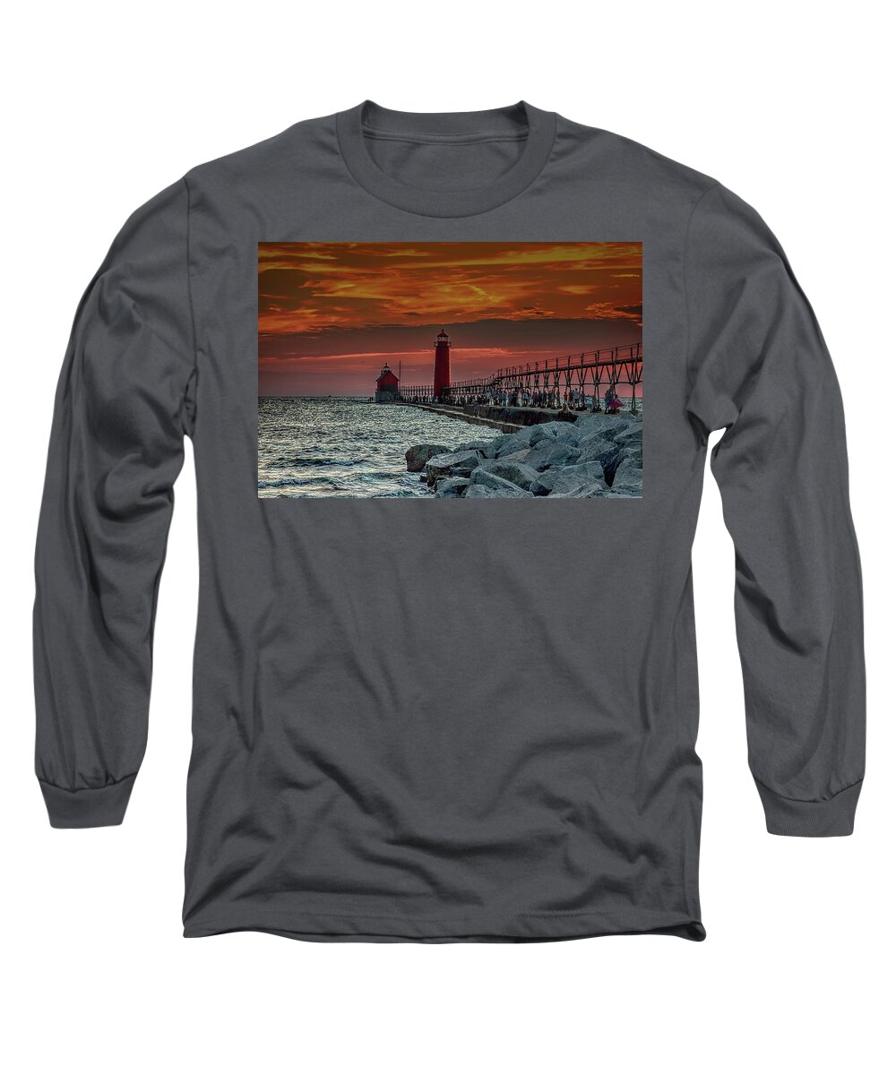 Grand Haven Pier Long Sleeve T-Shirt featuring the photograph Sunset at Grand Haven Pier by Pat Cook
