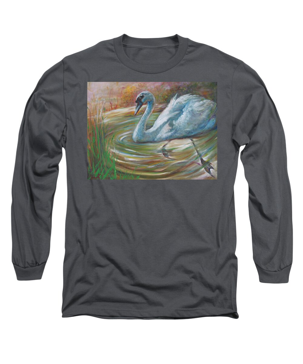 Swan Long Sleeve T-Shirt featuring the painting Beauty in The Battle by Sukalya Chearanantana
