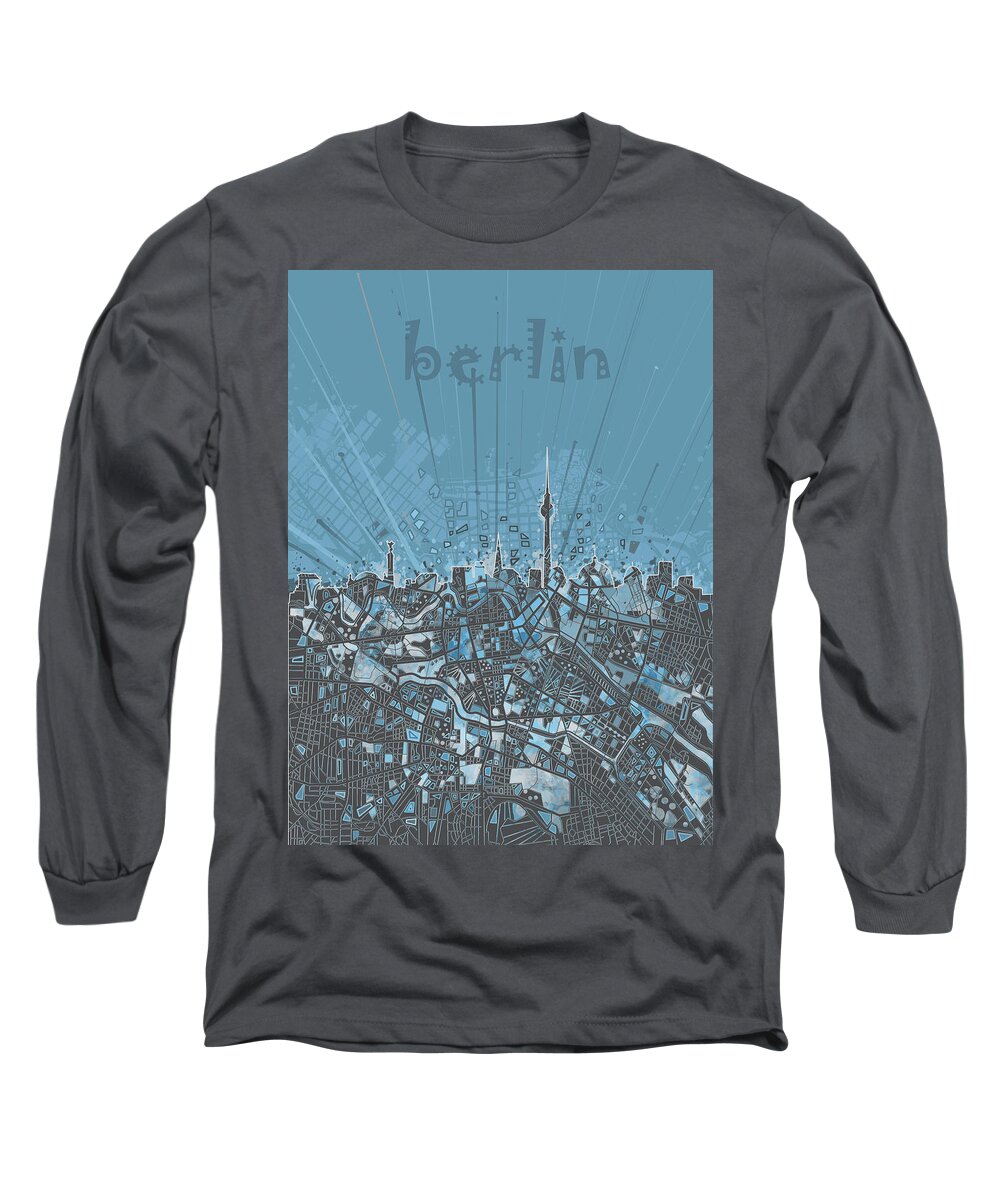 Berlin Long Sleeve T-Shirt featuring the digital art Berlin City Skyline Map 3 by Bekim M