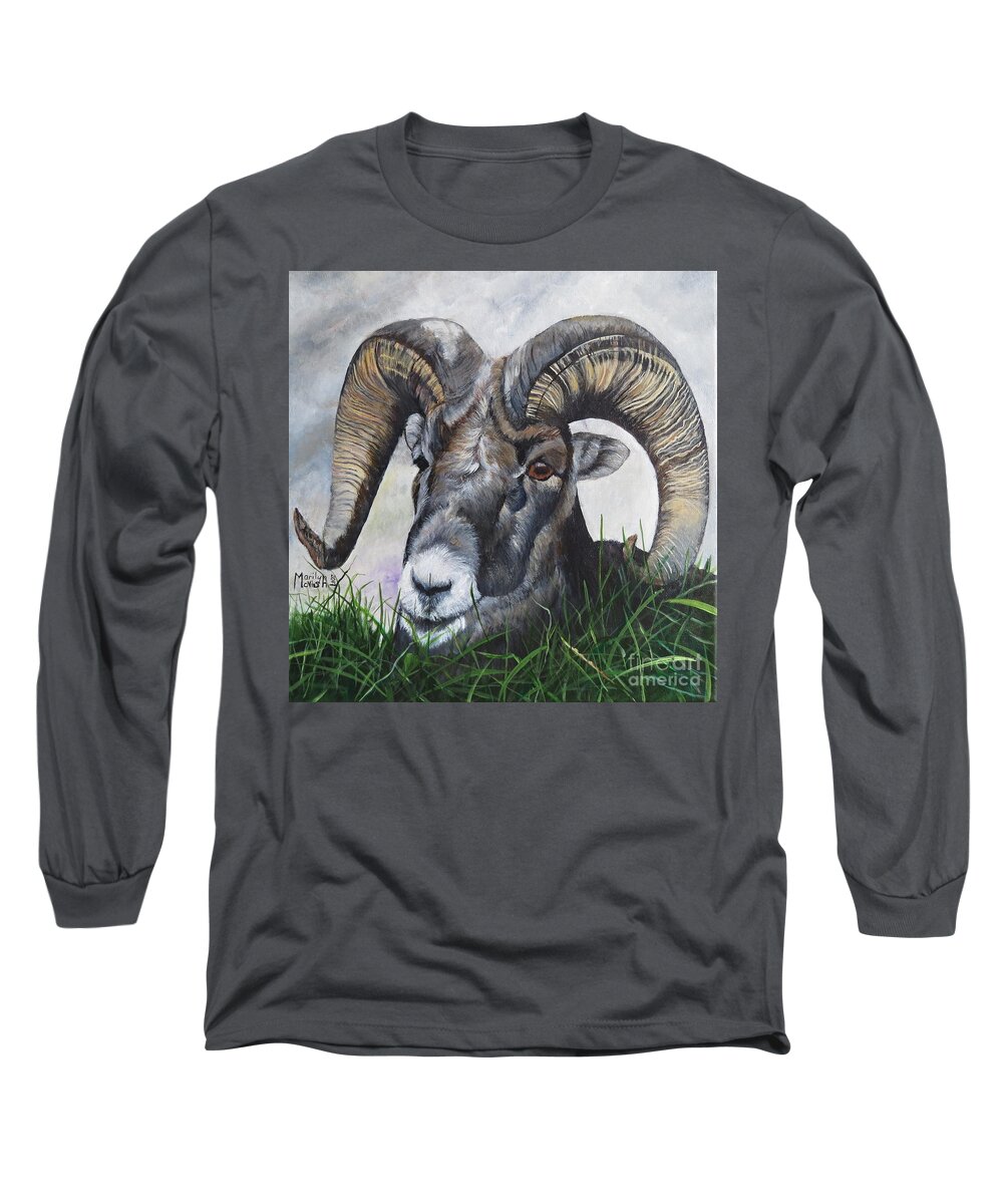 Ovis Canadensis Long Sleeve T-Shirt featuring the painting Big Horned Sheep by Marilyn McNish