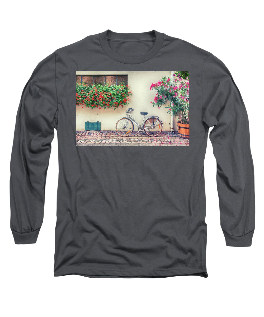 Background Long Sleeve T-Shirt featuring the photograph bike in France village by Ariadna De Raadt