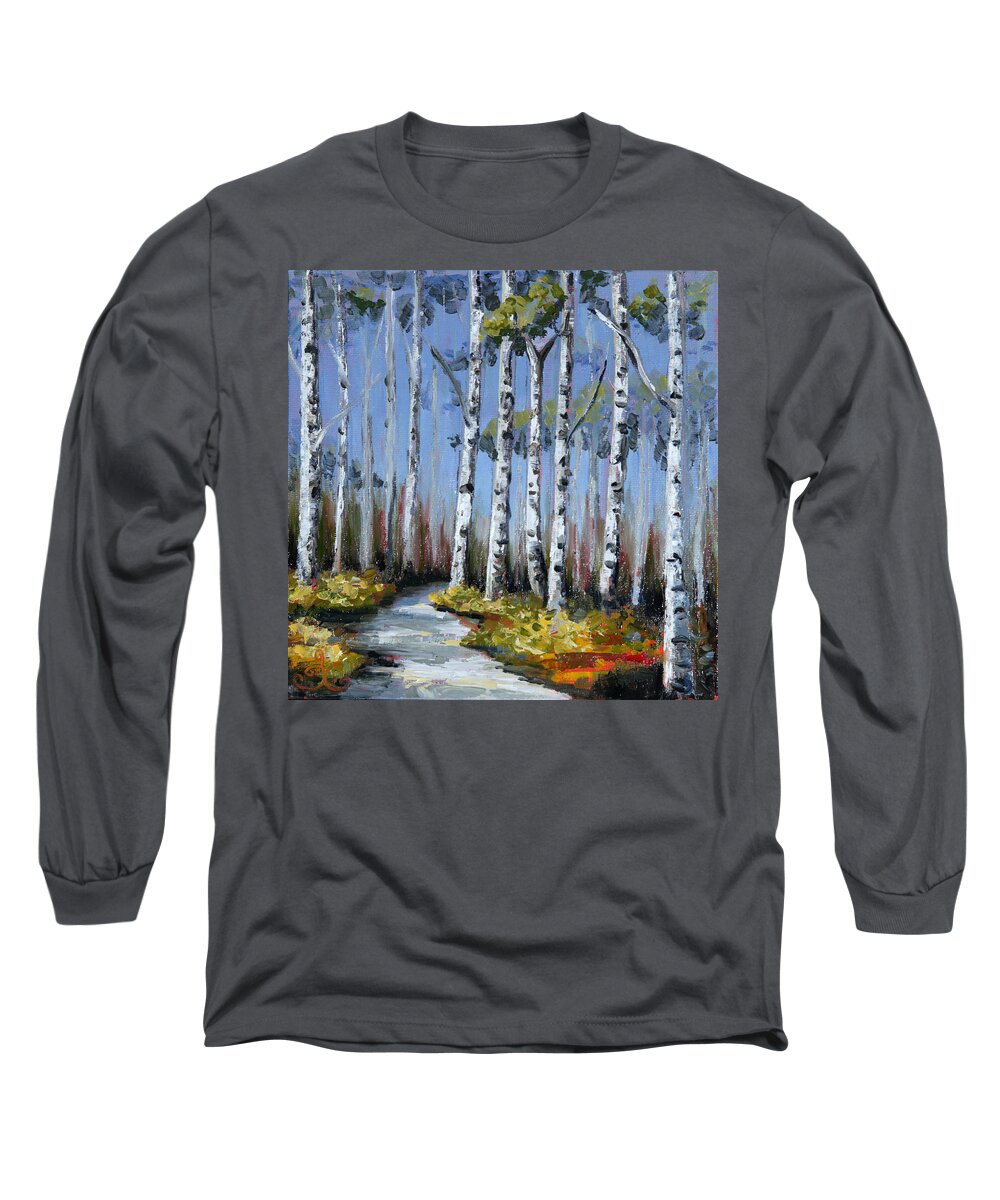 Birch Trees Long Sleeve T-Shirt featuring the painting Birch Tree Path by Trina Teele