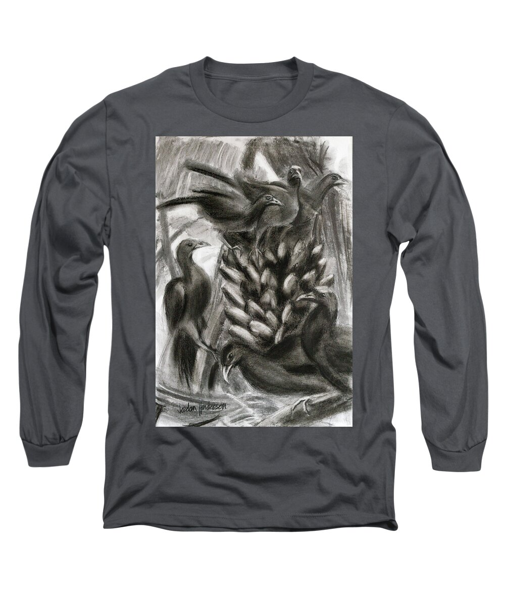 Birds Long Sleeve T-Shirt featuring the drawing Pavas Feasting on Bananas by Jordan Henderson