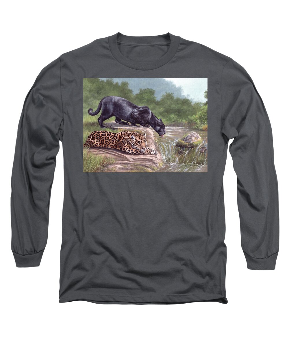 Black Panther Long Sleeve T-Shirt featuring the painting Black Panther and Jaguar by Rachel Stribbling