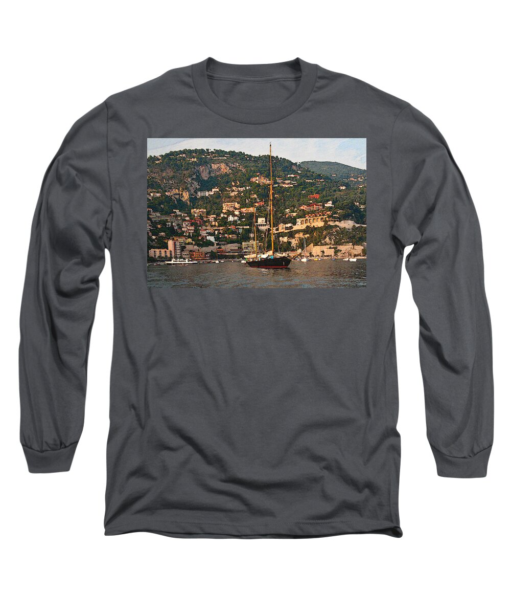 Villefranche Long Sleeve T-Shirt featuring the photograph Black Sailboat At Villefranche II by Steven Sparks