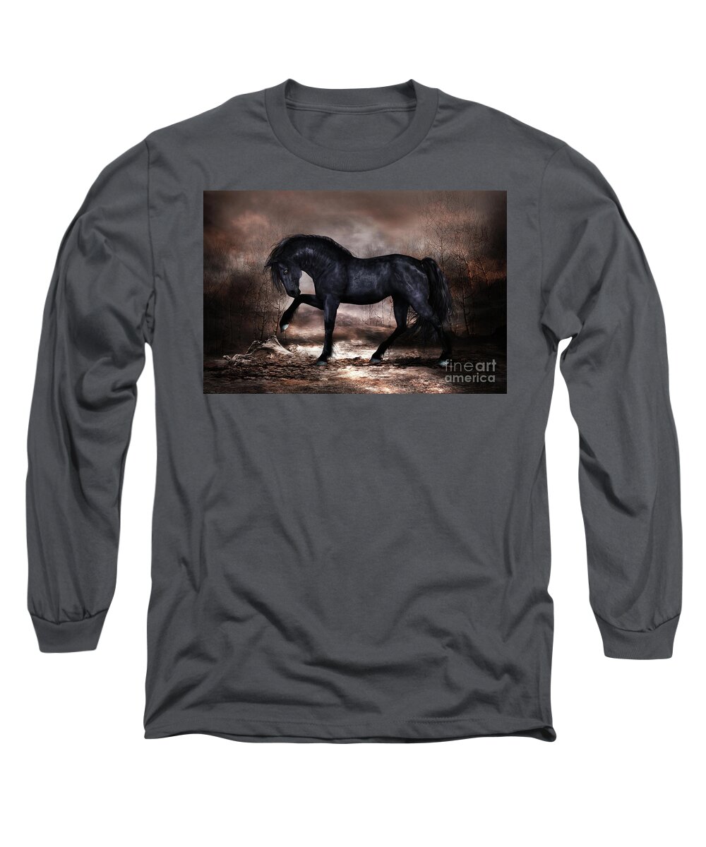 Black Stallion Long Sleeve T-Shirt featuring the mixed media Black Stallion by Shanina Conway