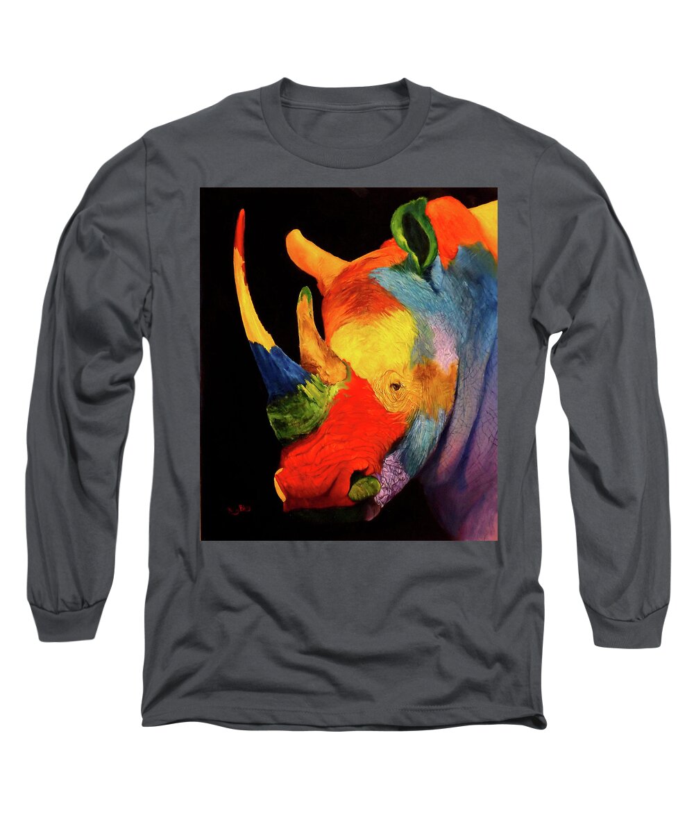 Rhinoceros Long Sleeve T-Shirt featuring the painting Black White Or Coloured Rhino by Barry BLAKE