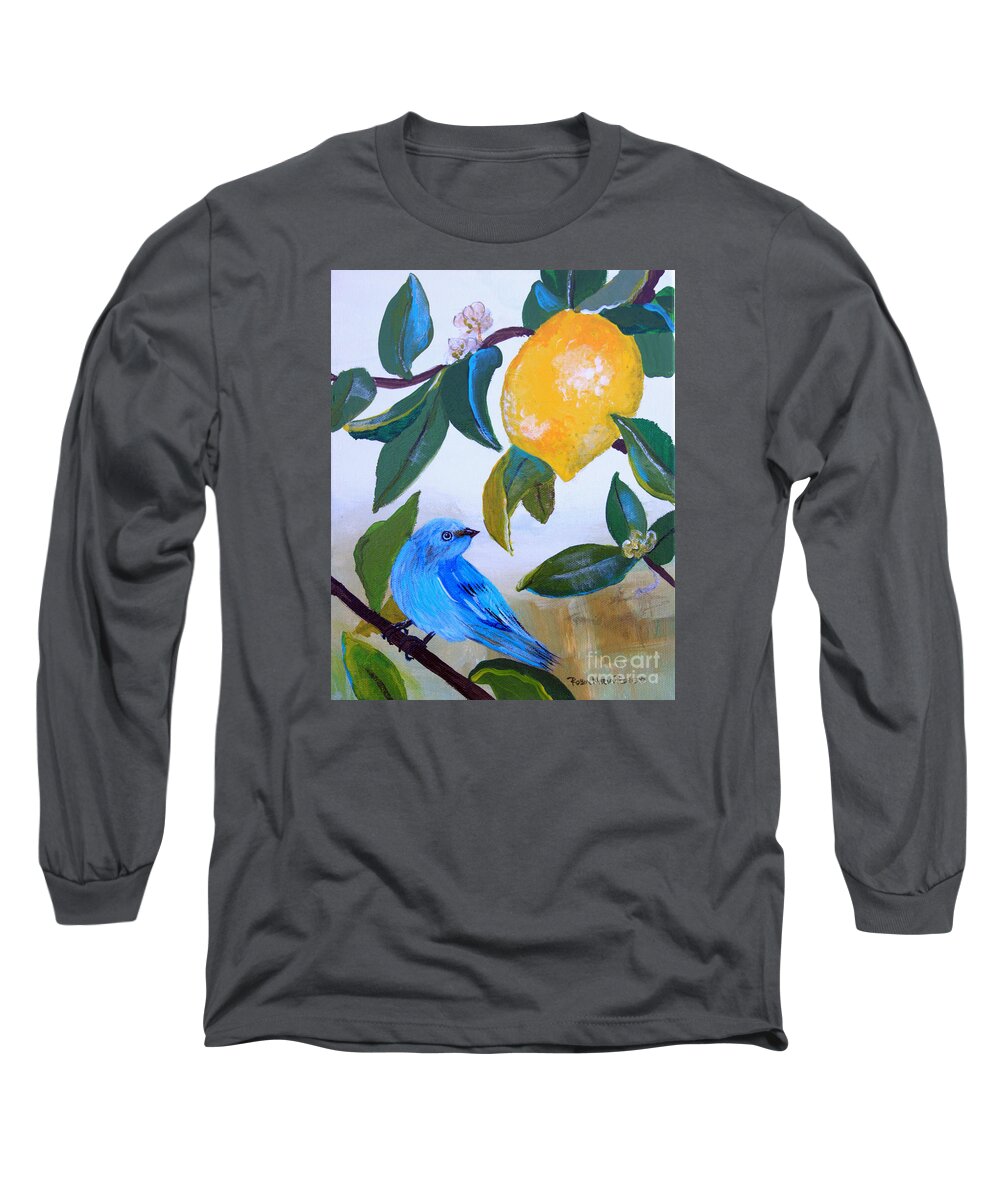 Blue Bird Long Sleeve T-Shirt featuring the painting Blue Bird in Lemon Tree by Robin Pedrero