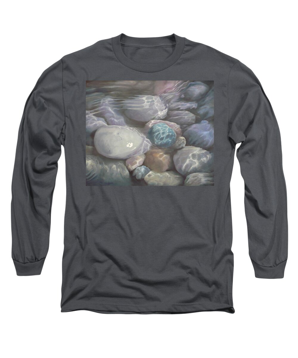 Pebbles Water Oil Blue Sea Underwater Long Sleeve T-Shirt featuring the painting Blue Calm by Caroline Philp