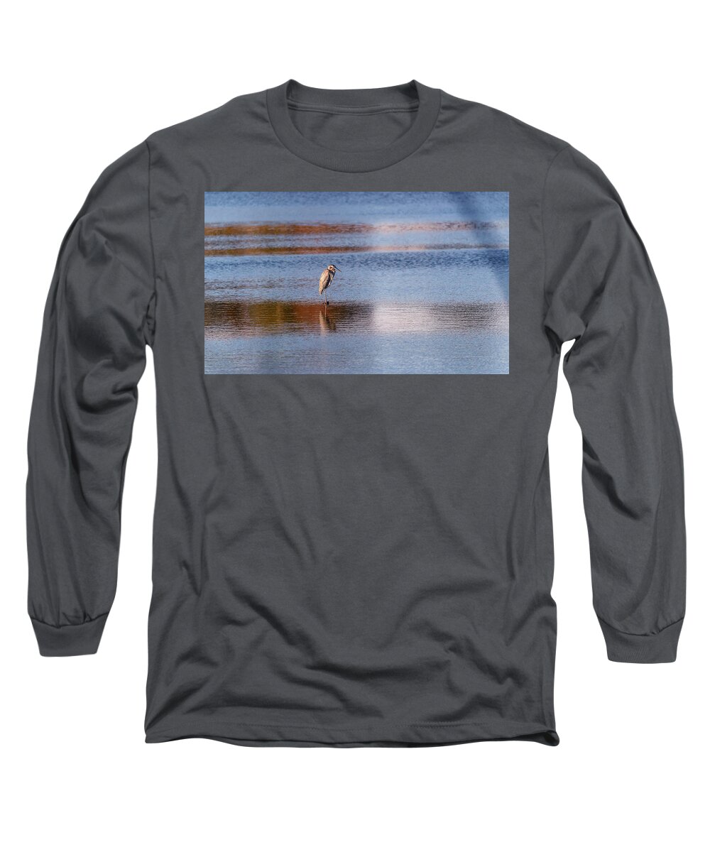 Blue Heron Long Sleeve T-Shirt featuring the photograph Blue Heron standing in a pond at sunset by Patrick Wolf