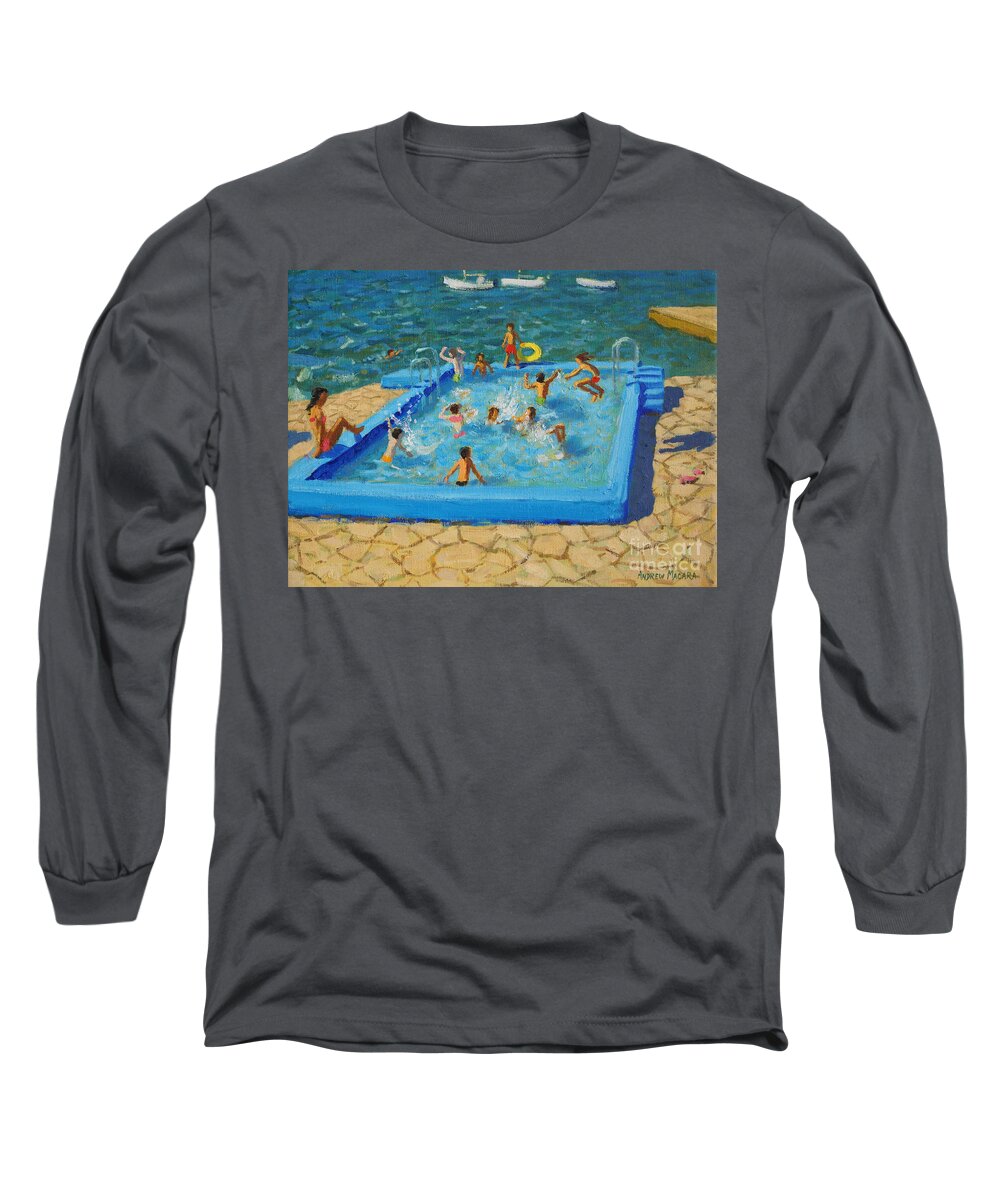Blue Long Sleeve T-Shirt featuring the painting Blue pool, Vrsar, Croatia by Andrew Macara