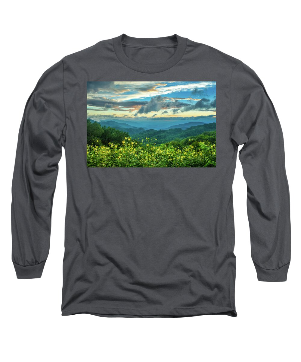 Wildflowers Long Sleeve T-Shirt featuring the photograph Blue Ridge Parkway NC Wildflower Sunset by Robert Stephens