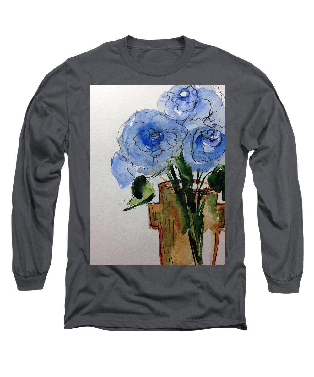Blue Roses Watercolor Roses Watercolor Art Painting Flowers Long Sleeve T-Shirt featuring the painting blue Roses by Britta Zehm