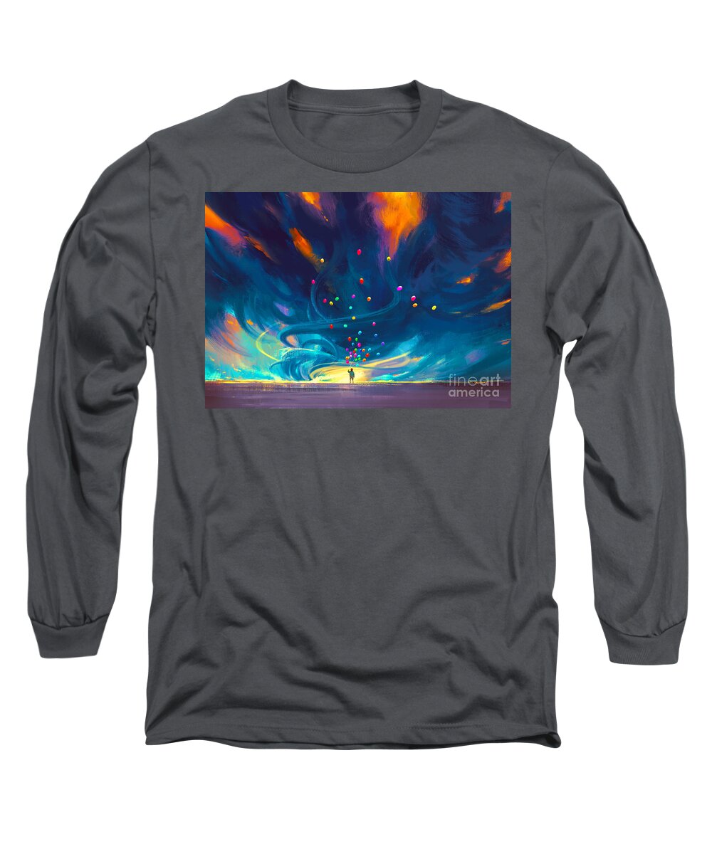 Abstract Long Sleeve T-Shirt featuring the painting Blue Tornado by Tithi Luadthong