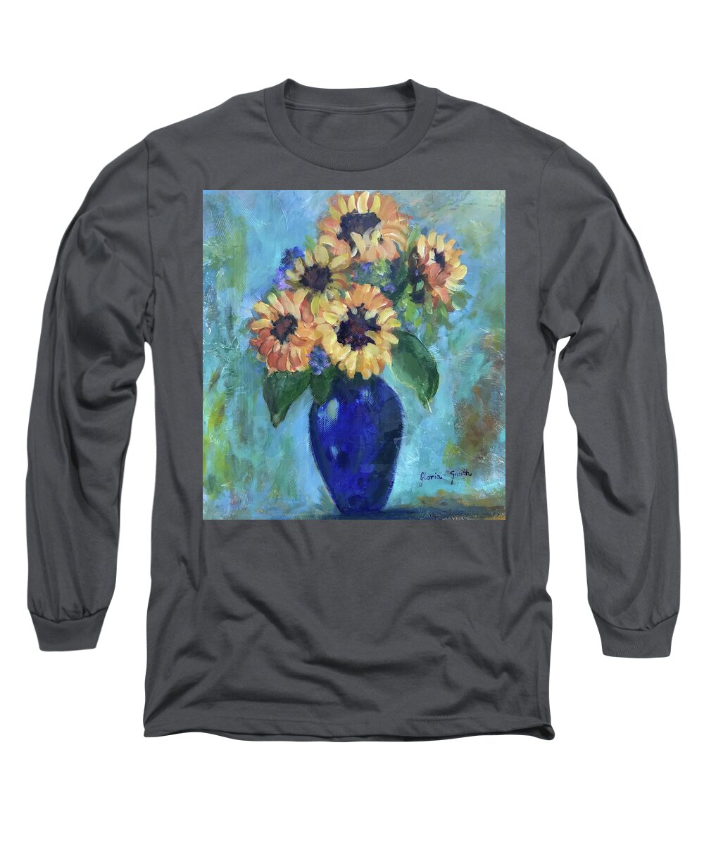 Sunflowers Long Sleeve T-Shirt featuring the painting Blue Vase by Gloria Smith