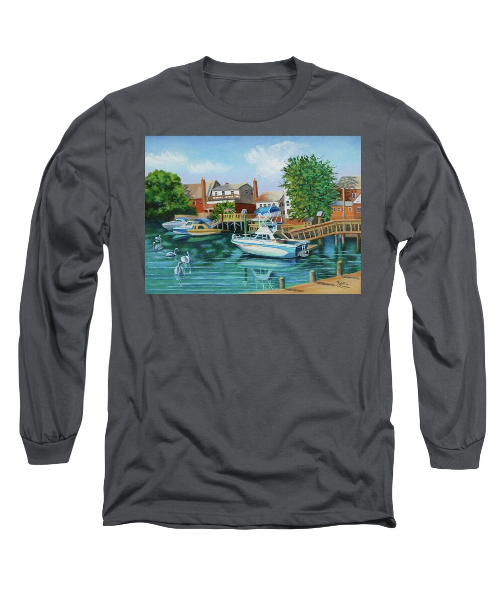 Boats Long Sleeve T-Shirt featuring the painting Boats Behind Cross Bay Blvd. by Madeline Lovallo