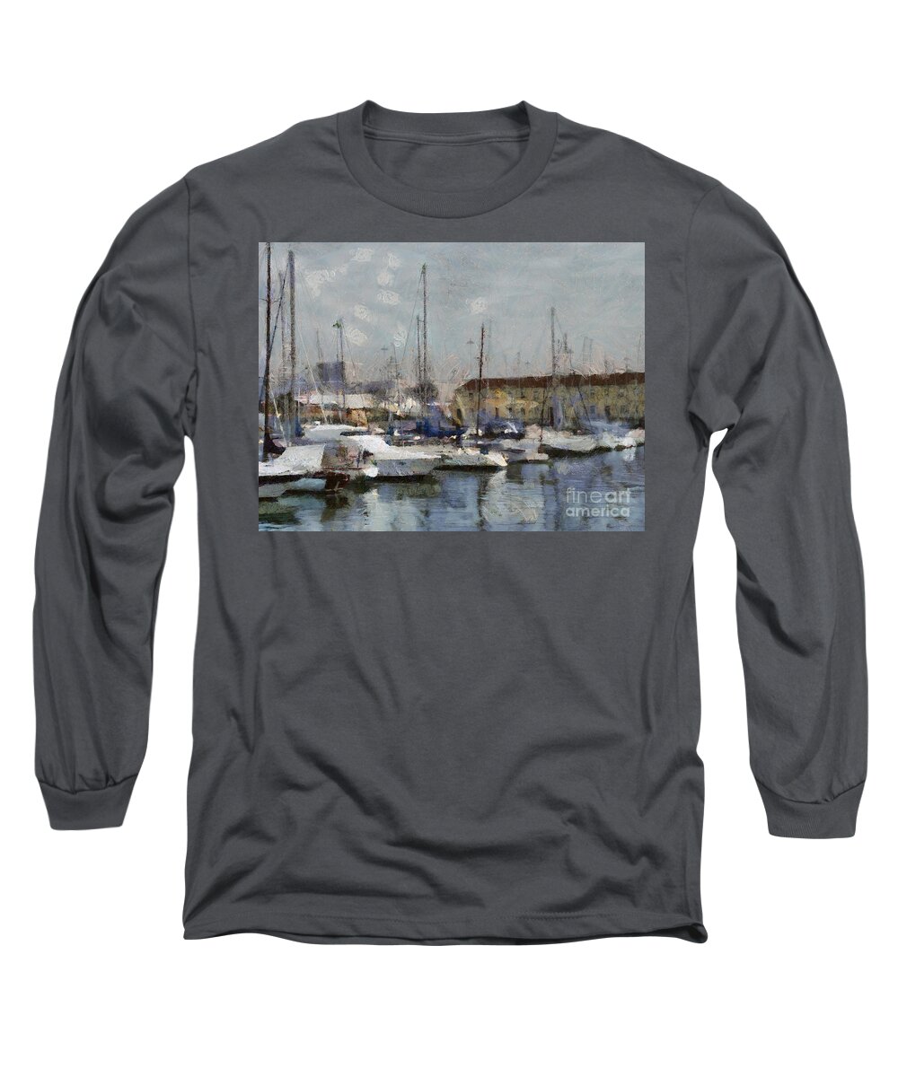 Seascape Long Sleeve T-Shirt featuring the painting Boats in marina by Dimitar Hristov