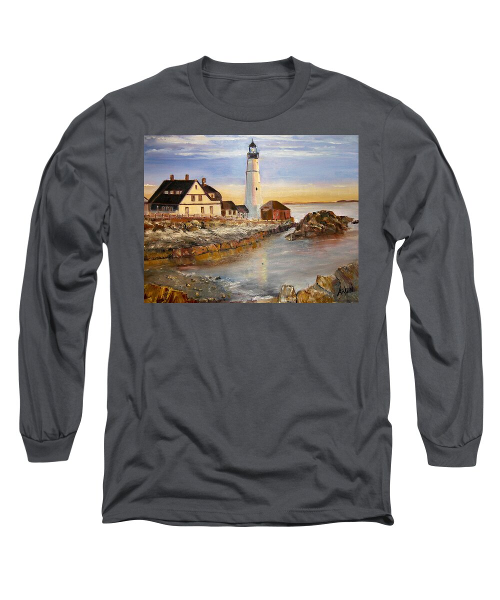 Boston Long Sleeve T-Shirt featuring the painting Boston rocky coast by Arlen Avernian - Thorensen