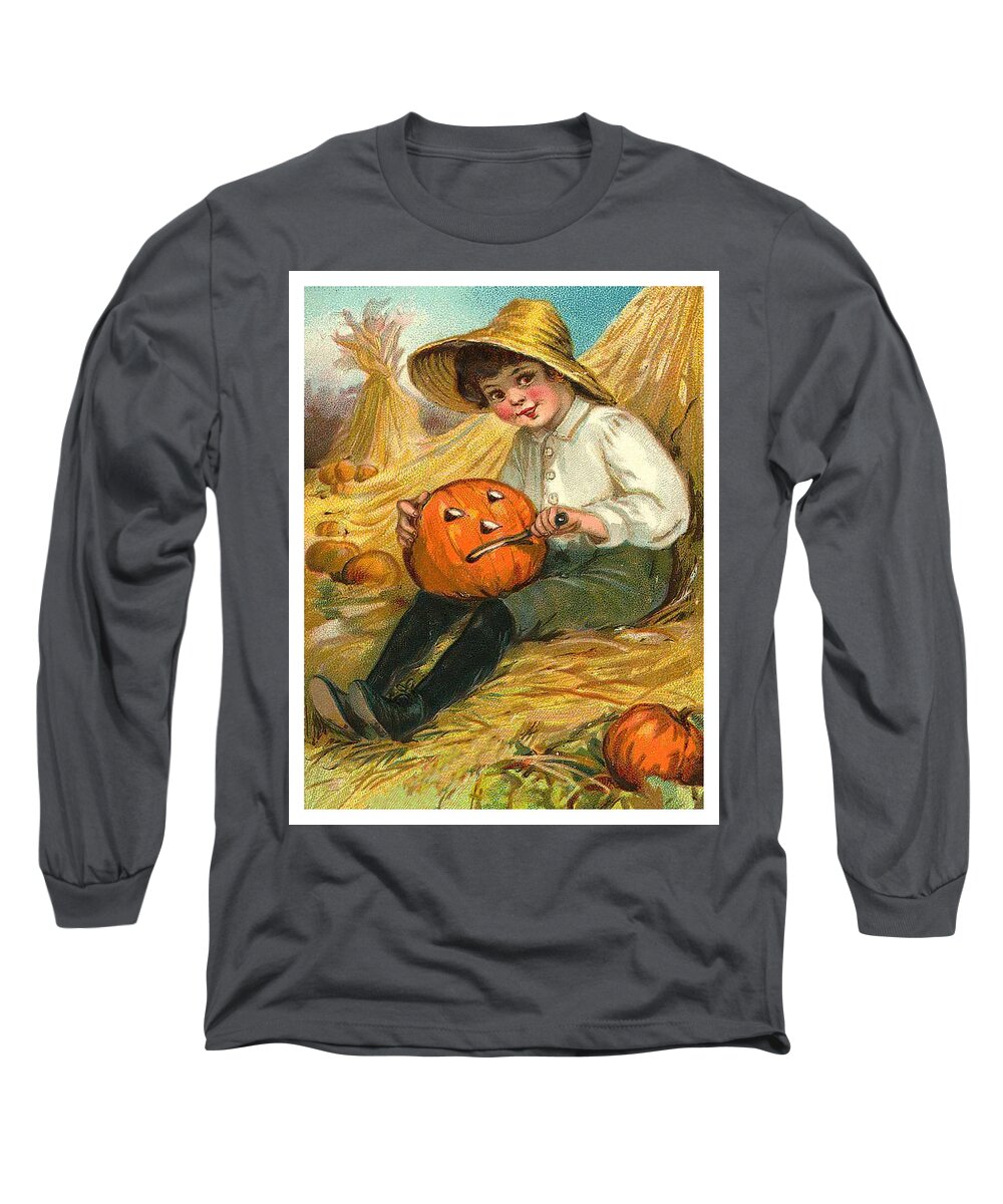 Boy Long Sleeve T-Shirt featuring the mixed media Boy carving a pumpkin by Long Shot