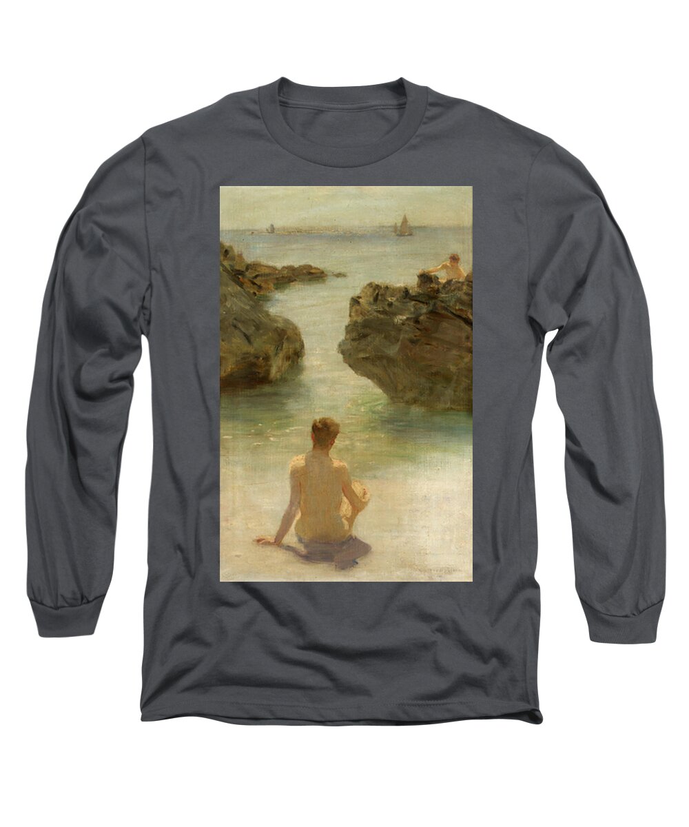 Boy Long Sleeve T-Shirt featuring the painting Boy on a Beach, 1901 by Henry Scott Tuke