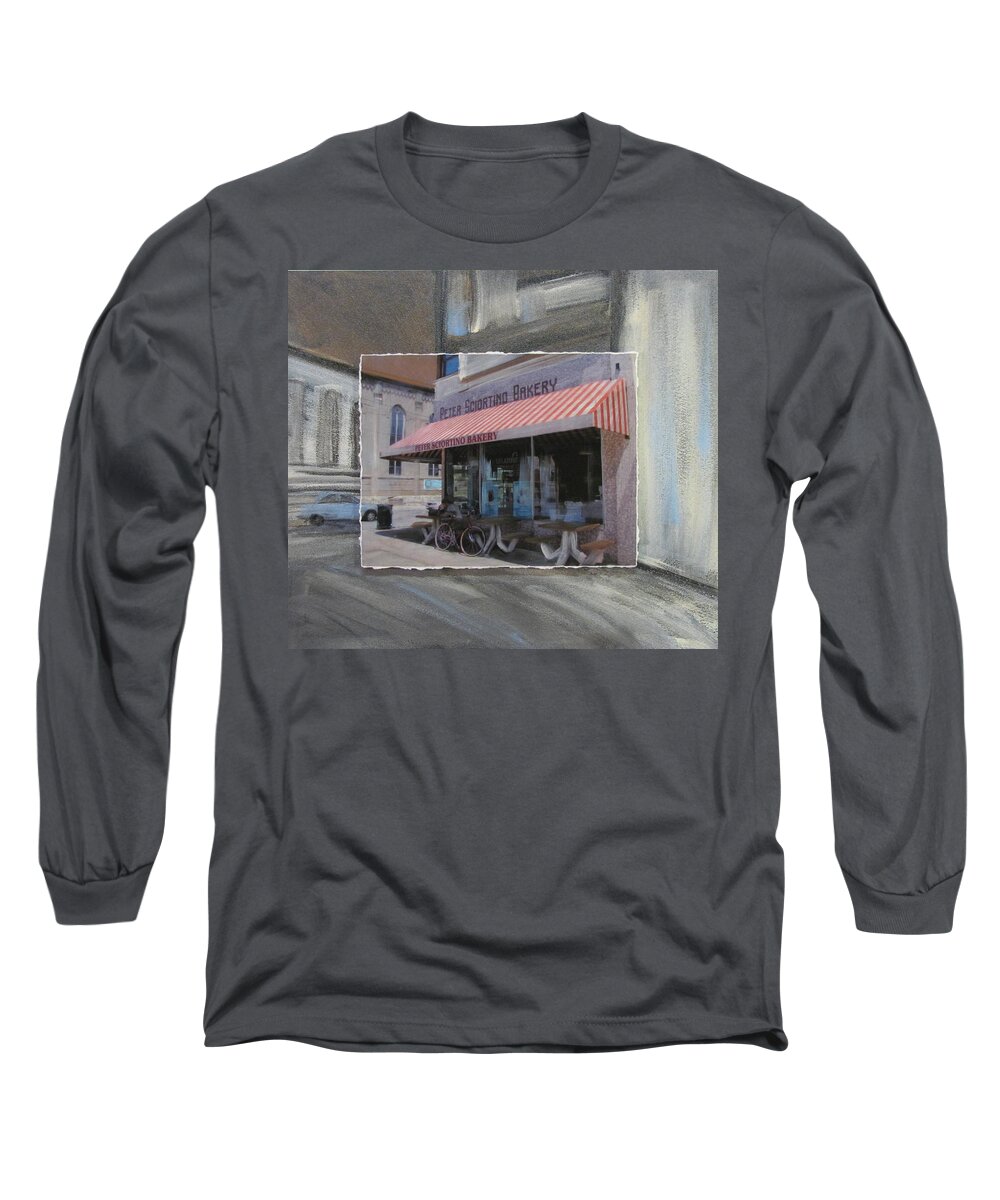 Brady Street Long Sleeve T-Shirt featuring the mixed media Brady Street - Peter Scortino Bakery layered by Anita Burgermeister