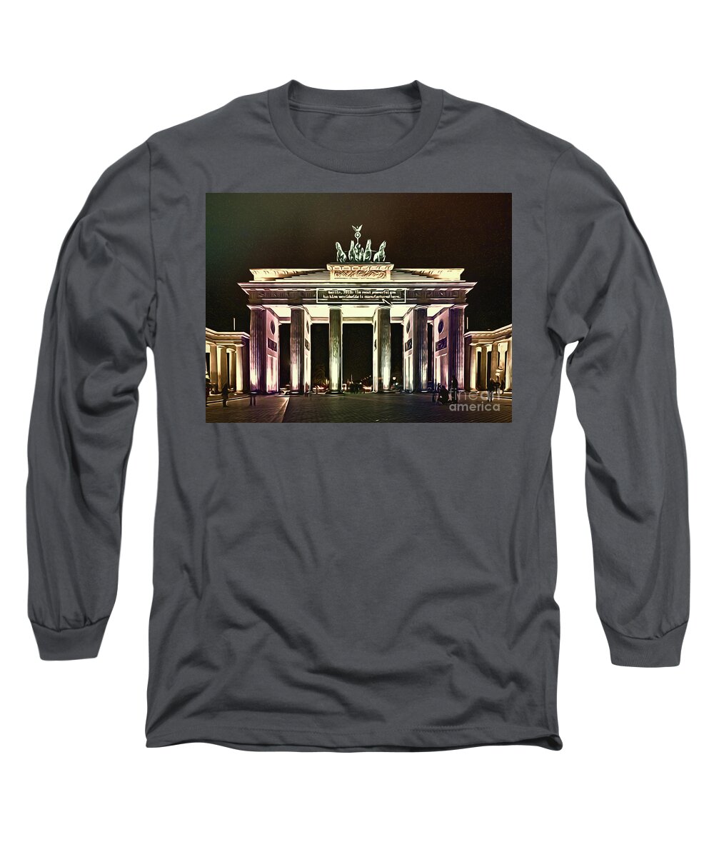 Germany Long Sleeve T-Shirt featuring the painting Brandenburg Gate at Night - purple by Horst Rosenberger