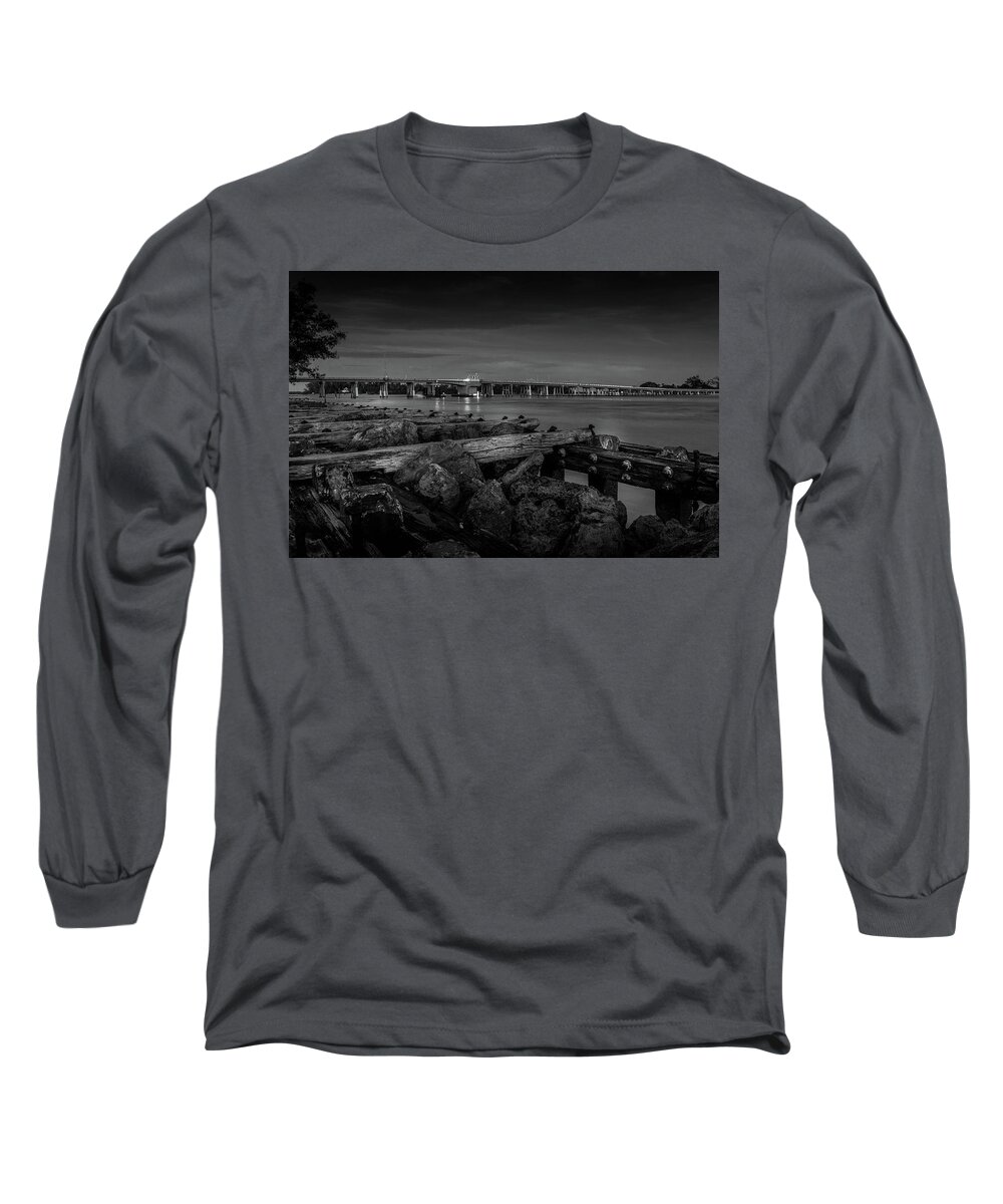 Bridge Long Sleeve T-Shirt featuring the photograph Bridge to Longboat Key in BW by Doug Camara