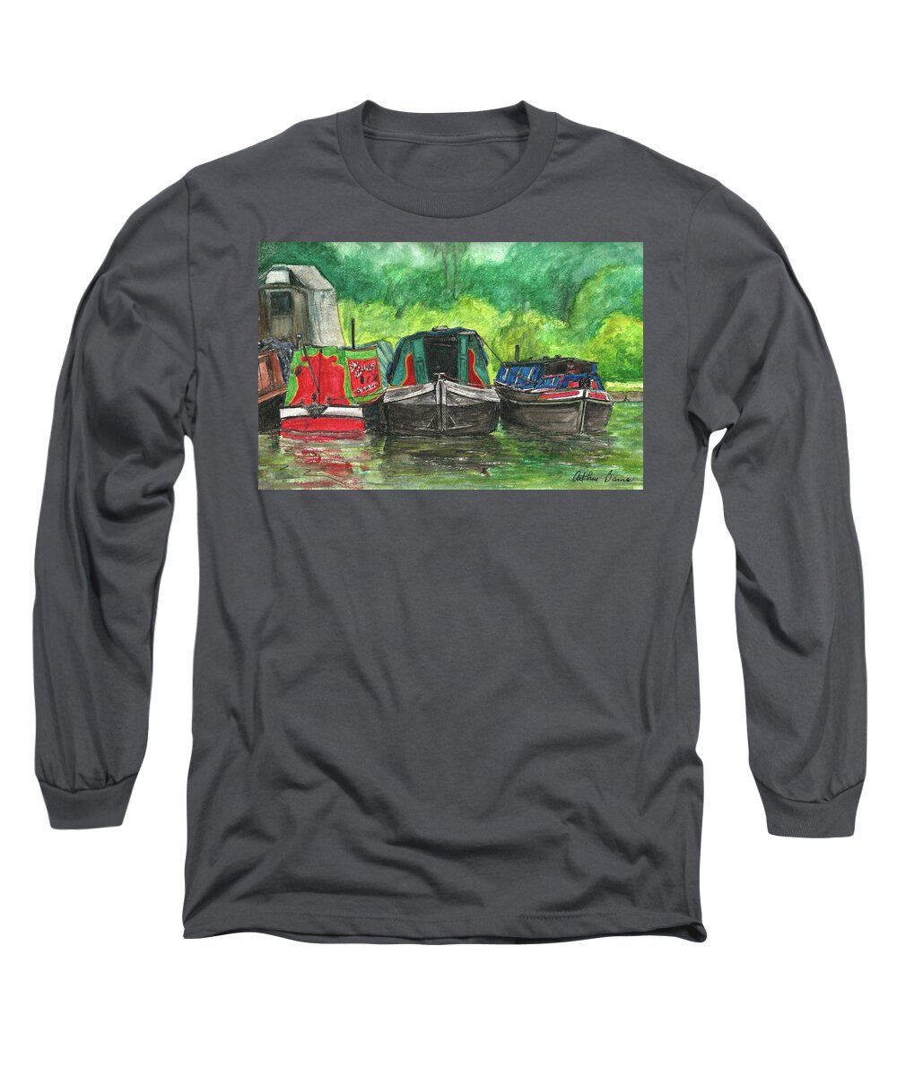 Bridgewater Canal Long Sleeve T-Shirt featuring the painting Bridgewater Canal Boats by Arthur Barnes