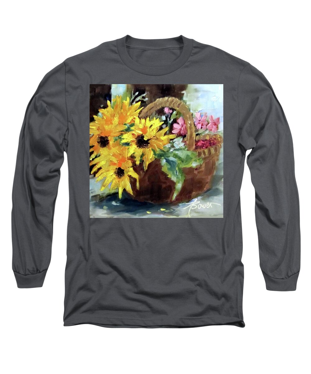 Sunflowers Long Sleeve T-Shirt featuring the painting Bringing In The Sunshine by Adele Bower