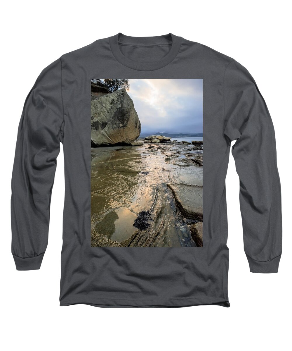  Wide Angle Rocks Ocean Beach Water Tidal Long Sleeve T-Shirt featuring the photograph Bruny Island Low Tide by Anthony Davey