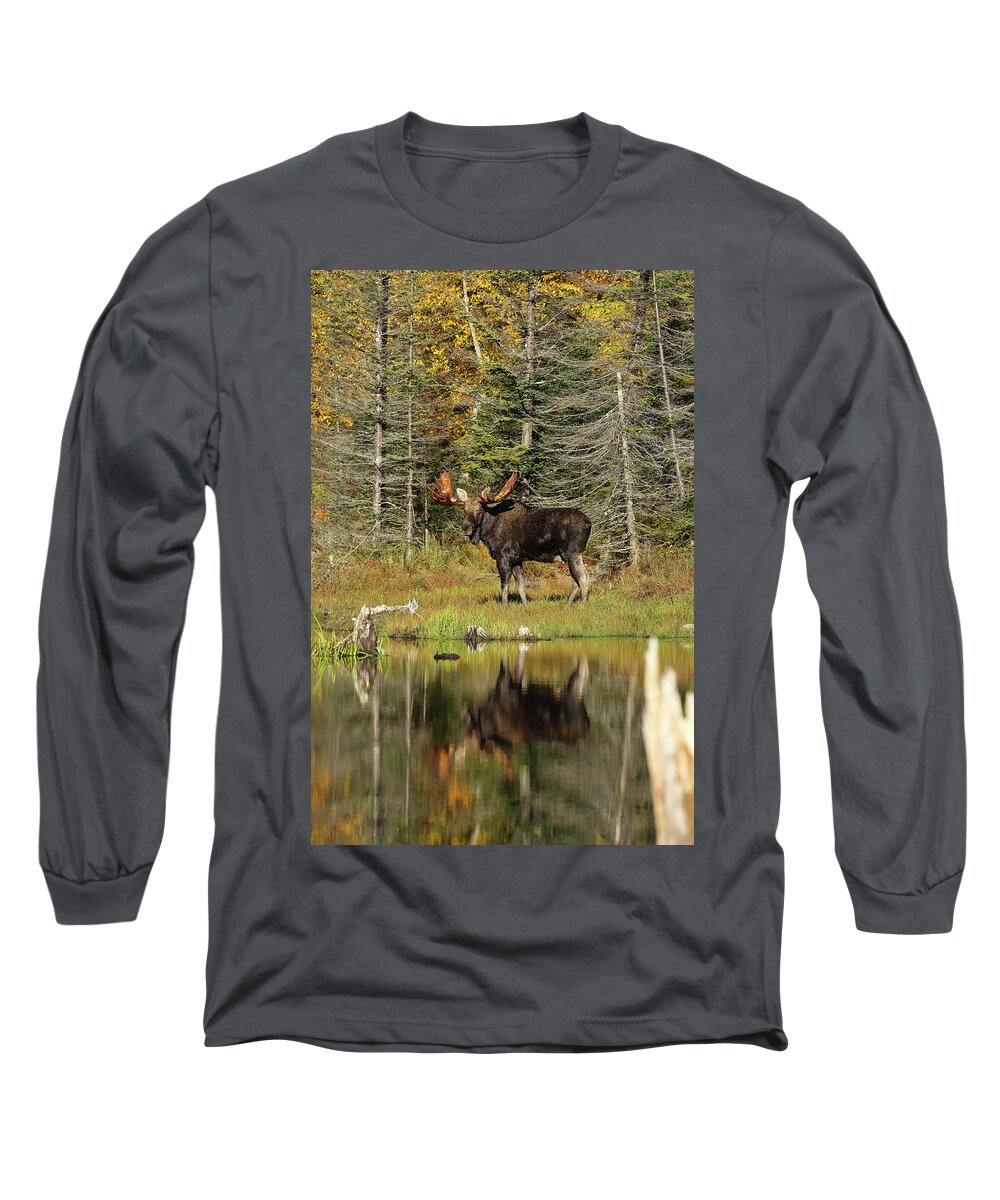 Moose Long Sleeve T-Shirt featuring the photograph Bull Moose at the Pond by Duane Cross