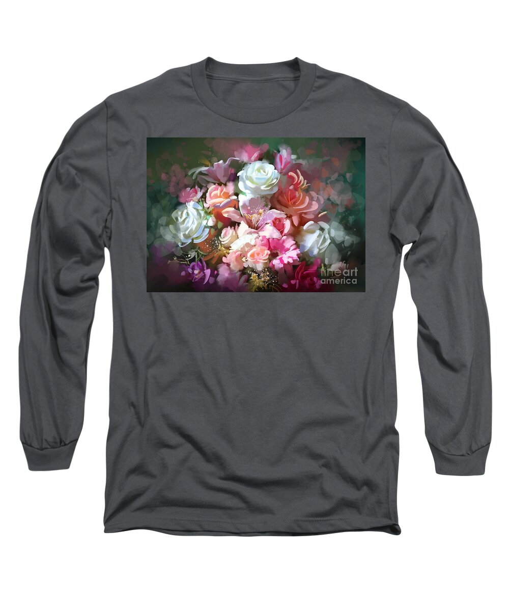 Art Long Sleeve T-Shirt featuring the painting Bunch of roses by Tithi Luadthong