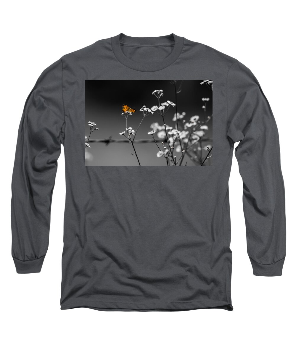 Butterfly Long Sleeve T-Shirt featuring the photograph Butterfly and Barb Wire by Holden The Moment